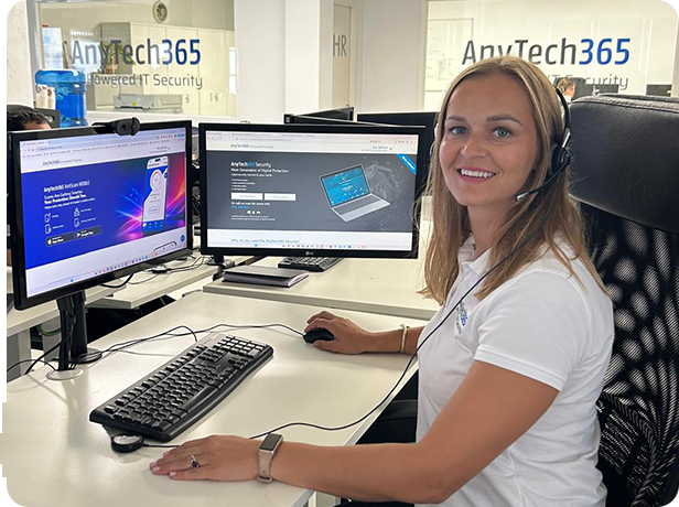 Sophie Martin, an AnyTech365 security expert wearing a headset